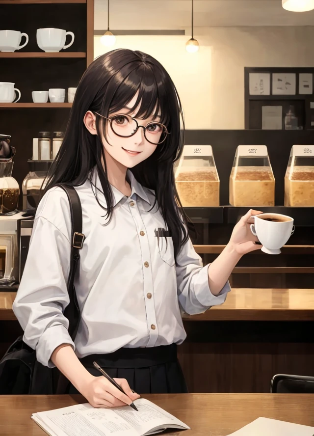 masuter piece、high-level image quality、1 bear、Wearing glasses、small coffee cup、cafes、enjoying a cup of coffee、Smiling and relaxed look、No clothes are worn、No background、Japan anime style、Comical illustration