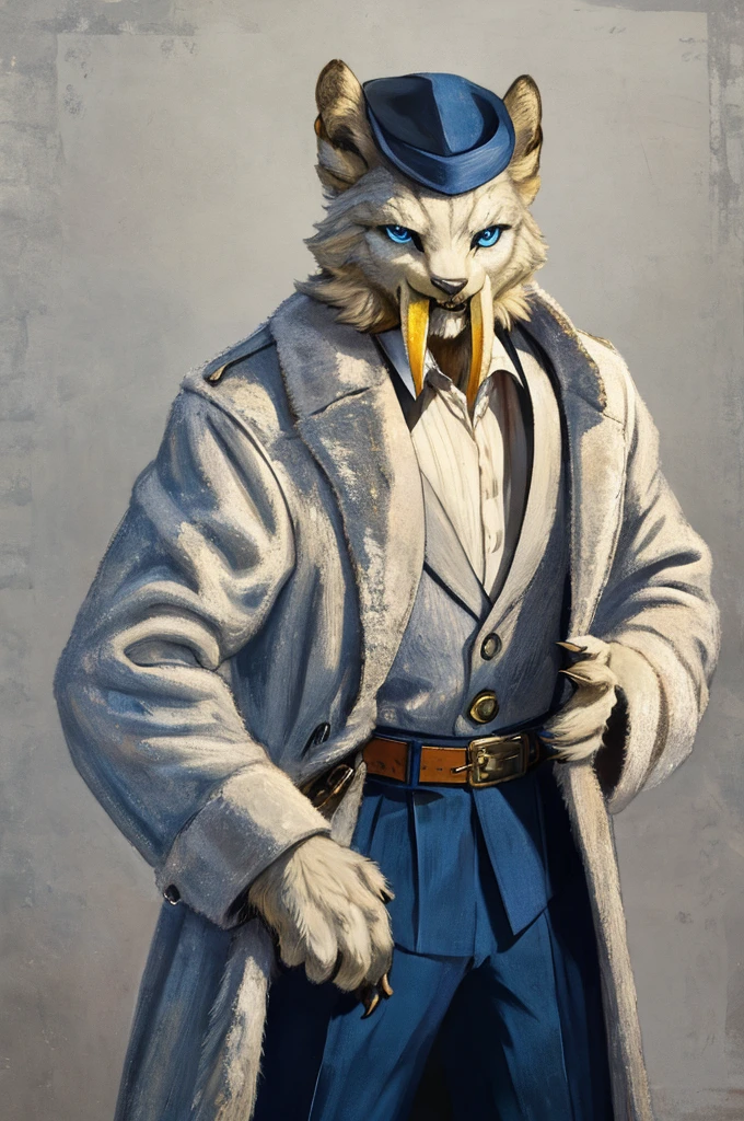 A Barioth as a German official posing for a portrait, white-yellow uniform, clawed hands, 1900s photograph, long coat, fur coat, golden outlining, padded fingers, golden-white belt, long fangs, blue eyes,