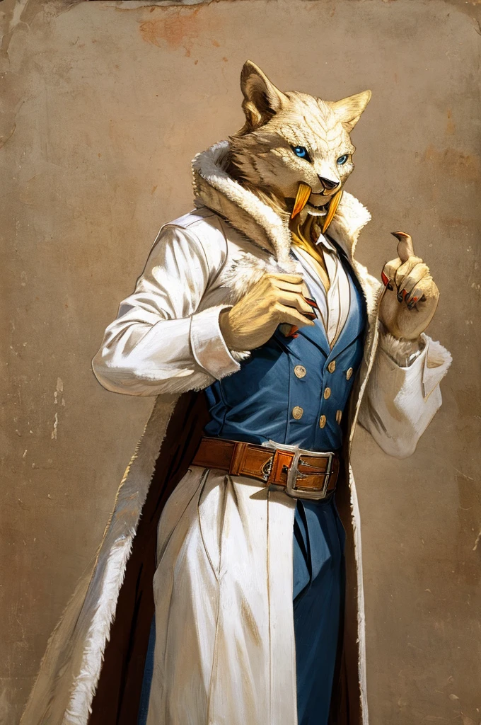 A Barioth as a German official posing for a portrait, white-yellow uniform, clawed hands, 1900s photograph, long coat, fur coat, golden outlining, padded fingers, golden-white belt, long fangs, blue eyes,