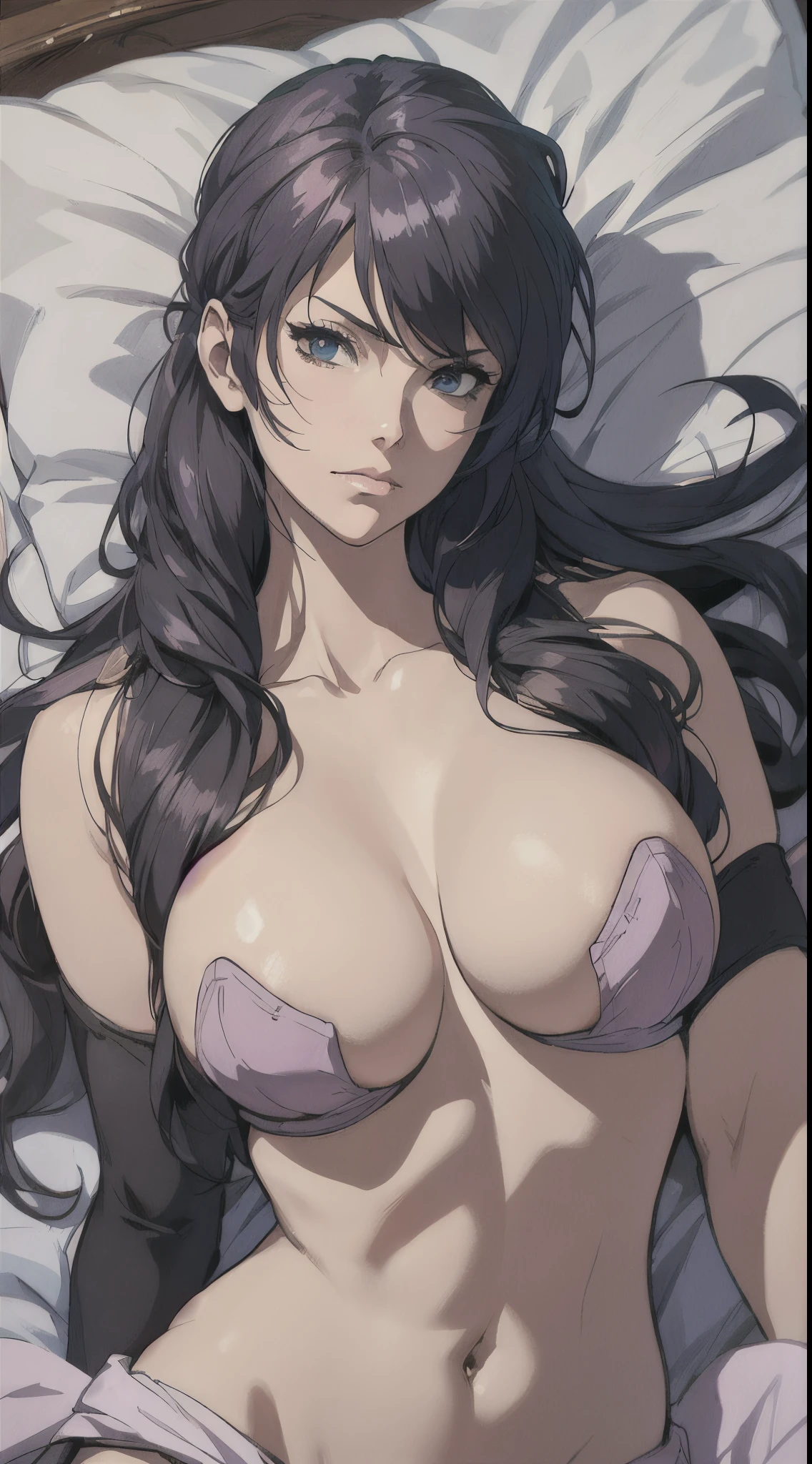 The woman is covered with a quilt,Close-up of lying on bed, anime《Fantasma na Concha》Curly, kusanagi motoko, kusanagi, Blow blow, Ghost in the Shell movie scene, levi black lagoon, Ghost in the Shell style, bared chest, Fantasma na Concha, Inspired by Morikage Hisumi,Alone, 1 busty girl, Highest resolution,distinct_Image of a)Best quality, maam, tmasterpiece, The is very detailed, Semi-realistic, exposing her breasts, The face is red,Seductive action,Seductive expressions
