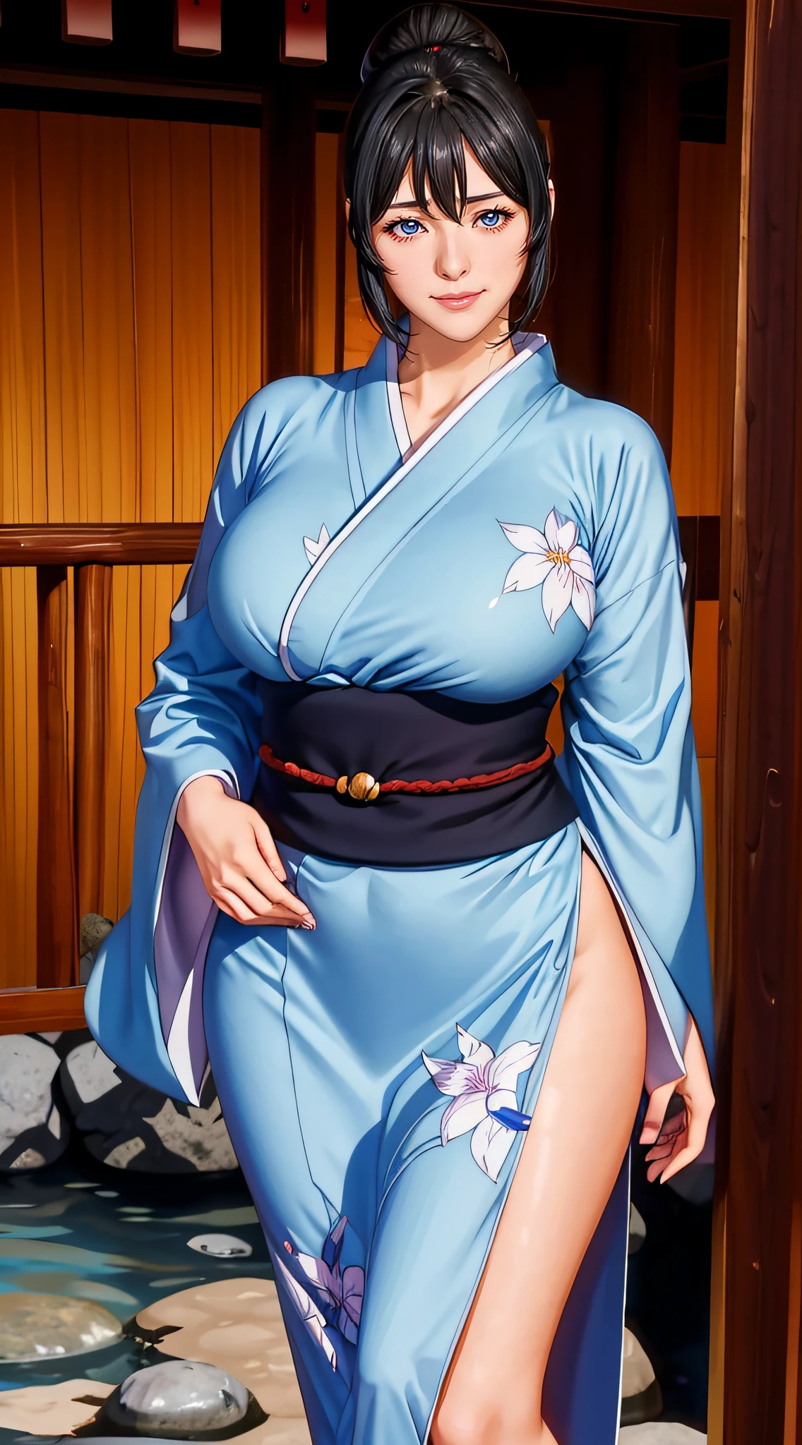 （（（Chitose_Yukino_v1,black hair color hair, Short hair details, through bangs, hair-bun, hori&#39;hori&#39;tas&#39;It&#39;s great to be single, eBlue eyes,Japanese clothes, blue kimono, bathrobe, blossoms, Sash, inner strength, longer sleeves, Wide sleeves,Big crotch，S-shaped body:1.5））），((tmasterpiece)),A high resolution, ((Best quality))，tmasterpiece，top-quality，Best quality at best，（（（ exquisite facial features，looking at viewert,There is light in the eyes，Smilingly，self-assured ））），（（（Light and shadow interlace，huge boob，Plump body，big chest and thin waist，thick tight））），（（（dynamicposes, 1 girl, (complete figure:0.9), Alone,, sexy women,Body contours，Raised sexy，Realistic silhouette of human body， ((good body)),Girl posing for photo，Full body lesbian，24 years old female model，perfect foot、have perfect arms,Onsen background，inns，hot springs )）））