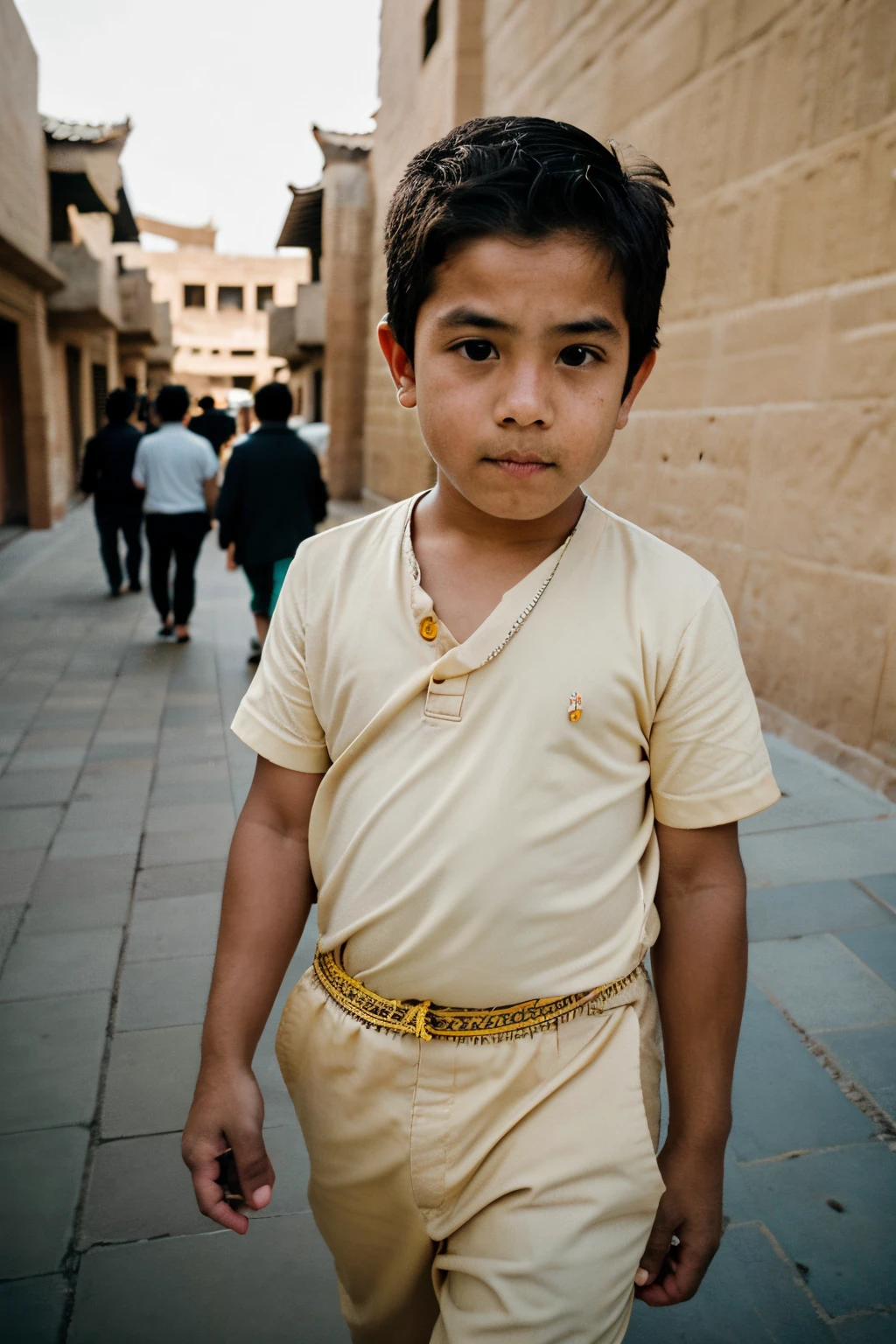 BUDDHA STATUE，realistic image of a boy, Yellow skin，cabelos preto e longos, Between  and sevenking through the city of Dunhuang in front of the camera, Between people .4K, The is very detailed.