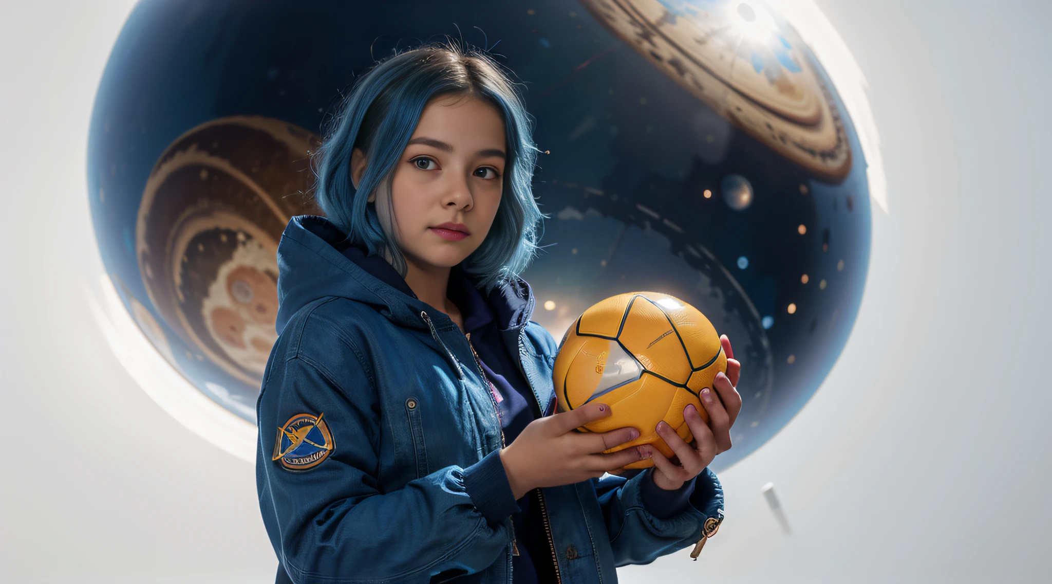 there is a young girl holding a blue ball in her hand, vestindo uma jaqueta azul, vestindo uma jaqueta azul, segurando uma bola, foto comercial do brinquedo, vestidos de estrelas e planetas, menina com cabelo azul, Jaqueta azul, usando um capuz azul, girl in space ,  girl with magical powers, girl looks at the space, menina jovem bonito, fundo branco.