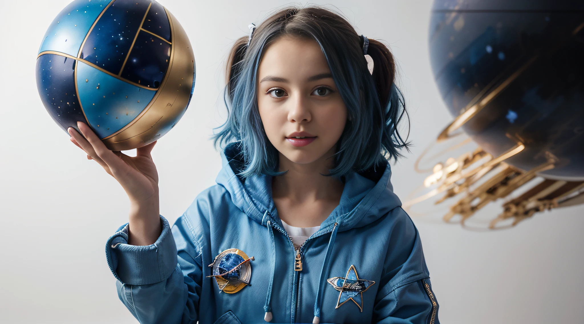 there is a young girl holding a blue ball in her hand, vestindo uma jaqueta azul, vestindo uma jaqueta azul, segurando uma bola, foto comercial do brinquedo, vestidos de estrelas e planetas, menina com cabelo azul, Jaqueta azul, usando um capuz azul, girl in space , little girl with magical powers, girl looks at the space, menina jovem bonito, fundo branco.