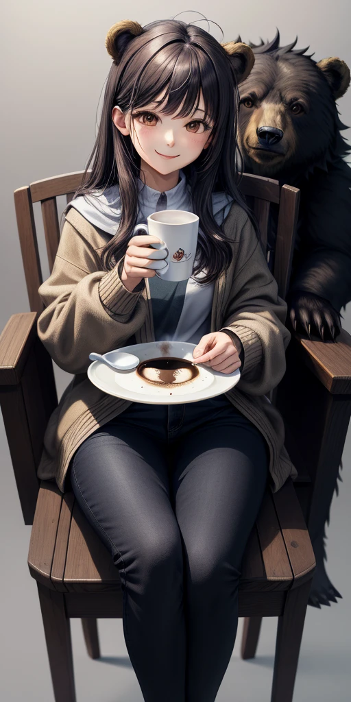 masuter piece、high-level image quality、1 wild bear、Sitting deeply in a chair、small coffee cup、enjoying a cup of coffee、Smiling and relaxed look、No background、simple line drawing style
