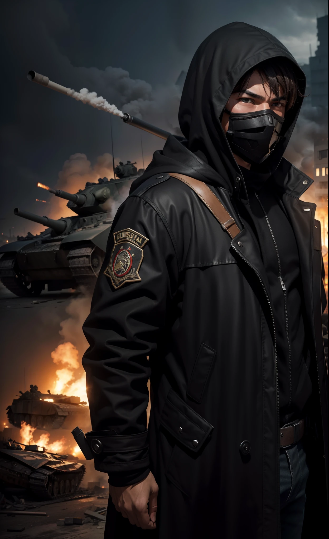 Garoto e 17 anos, iblack coat with hood and mask ,on top of a black Soviet war tank, in a destroyed city with a lot of smoke, It conveys a sense of loss and revenge, olhando para telespectador, Vista distante do tanque de foco, best quality masterpiece super realistic detailed with best angles 8K. Tanque de guerra quebrado