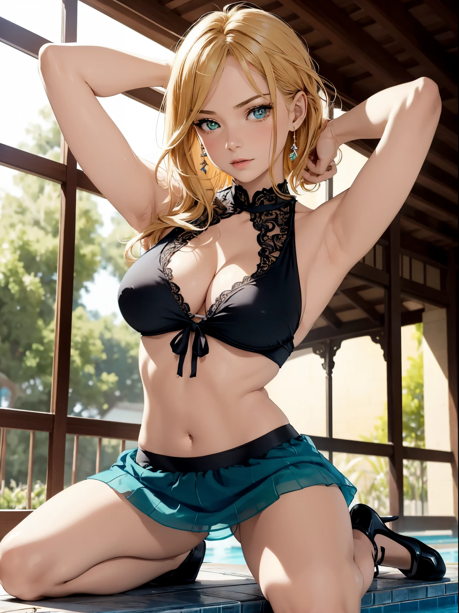 masutepiece, Best Quality, High quality, High Definition, high quality texture, high quality shadow, high detailing, Beautiful detailed, Finely detailed, extremely details CG, Detailed texture, realistic representation of face, Realistic, Colorful, Delicate, Cinematic Light, Ray tracing, Sharp Focus, (Intricate details, makeup, pureerosface_v1:0.5), (Detailed beautiful delicate face, Detailed beautiful delicate eyes, A perfectly proportioned face, High detailed skin, Detailed skin, best ratio four finger and one thumb, (((toppless))), (Large breasts), (((cleavage))), ((Smooth texture, Realistic texture, Photorealistic)), Detailed beautiful eyes, Beautiful eyelashes, green  eyes, (((green  eyes))), (((blonde Medium Hair))), 1 woman, at poolside, (((kneeling))), (((sheer blue sailor uniform, Sleeveless, Open front))), (((Navel ))), (((sheer Micro Mini Skirt))), (Beautiful face, Cute face, Detailed face), poolside, (cowboy shot), (((Put your arms behind your head to show your armpits))), (((Sunny))), Perfect Eyes Eyes,