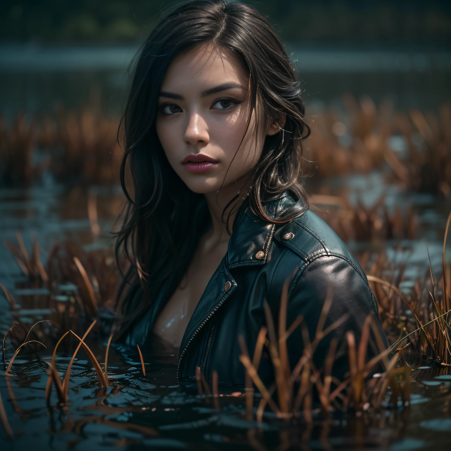 (Best Quality,4k,hight resolution,Masterpiece:1.2),Ultra-detailed,(Realistic,Photorealistic,photo-realistic:1.37),woman in a leather jacket drowns in a swamp,Flared jeans,leather pants,natural lighting,Vivid colors,Detailed facial features,Focused gaze,Fashionable outfit,wet hair,body posture,Reflection on the water surface,Dramatic atmosphere,dark colour palette,subtle highlights,soft shadows,depth and dimension,Professional Composition,bokeh. Sexual tension