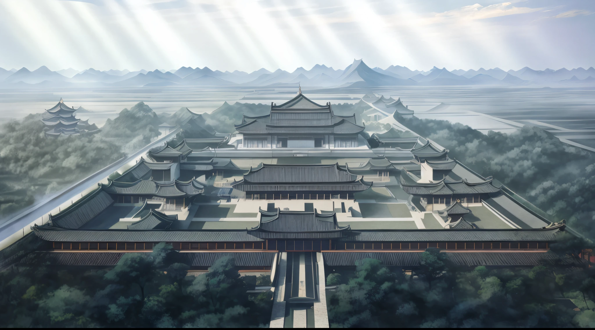 There is a building，oda&#39;There&#39;s a long walkway there, Beautiful renderings of the Tang Dynasty, Tang Dynasty Palace, , ancient buildings of China, ancient city landscape,