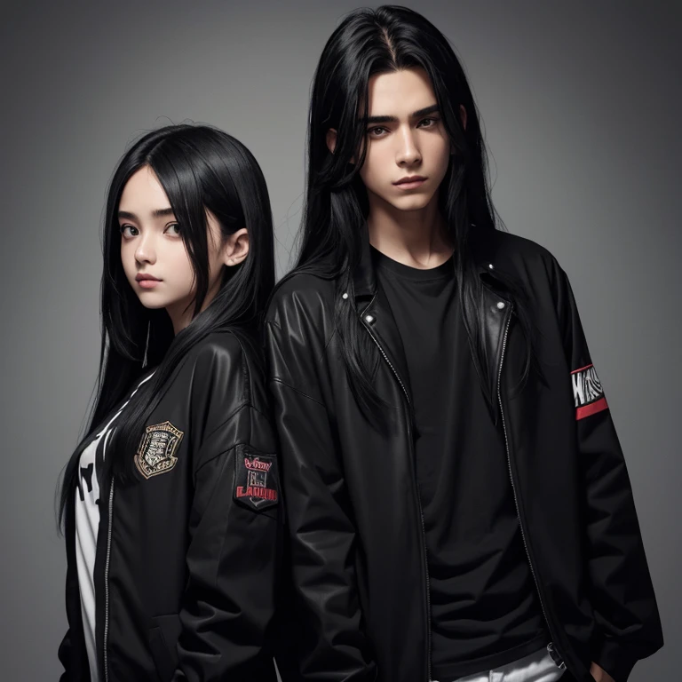 Girls and boys, girls with long hair, boys with dark black hair, wearing black t-shirts and black jackets for boys and girls