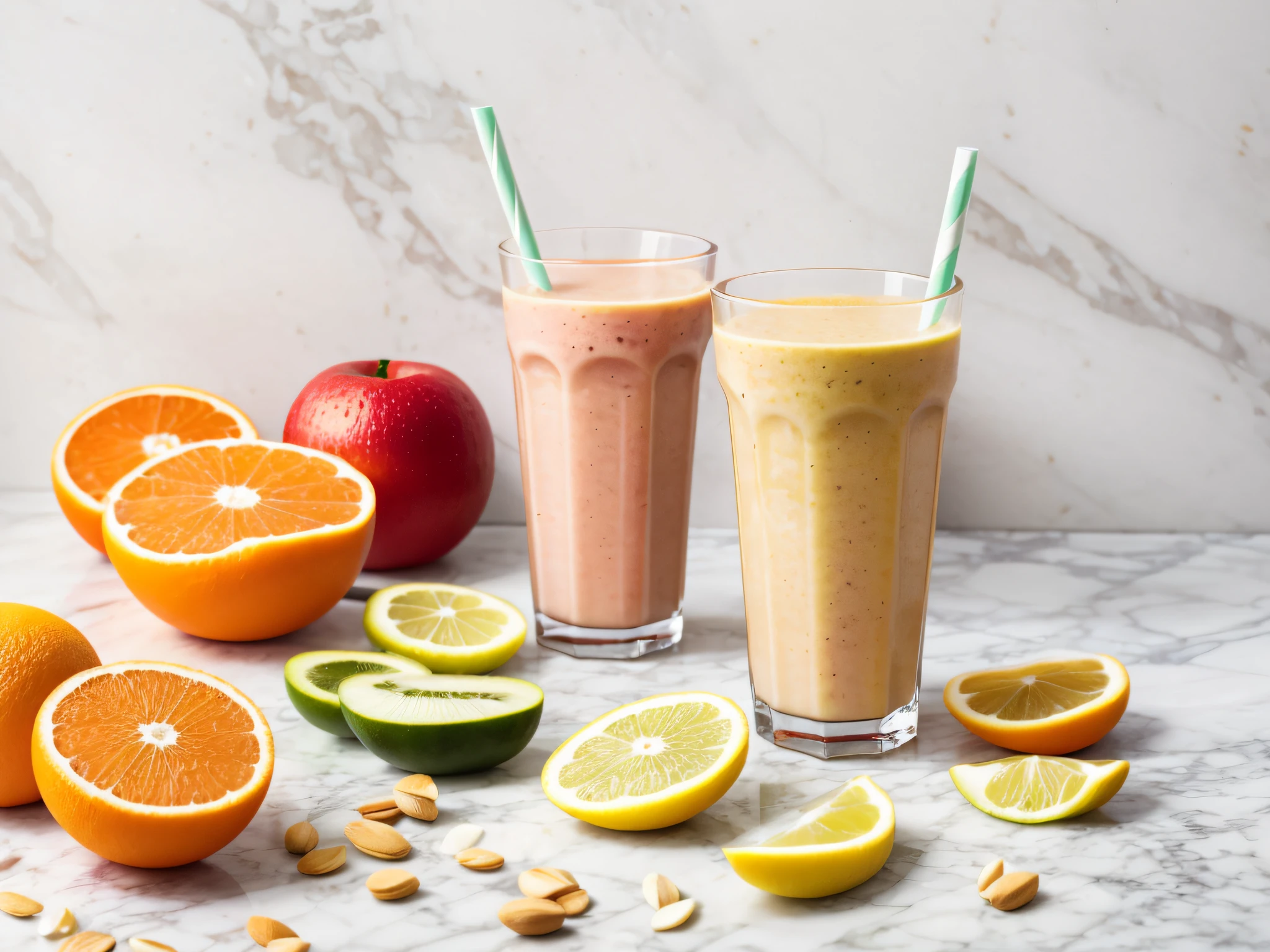 Freshly squeezed fruit and vegetable juice smoothie on a marble background