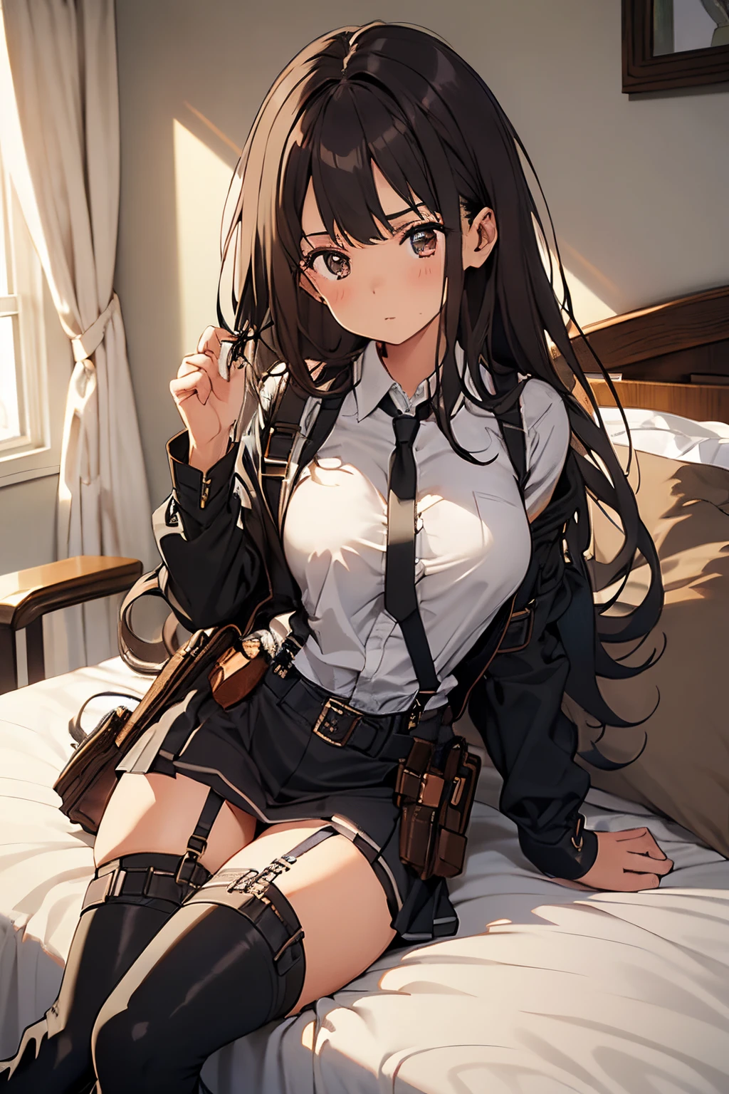 Brown hair、watching at viewers　　　black suspenders　　　Bulging big breasts　　 　 　　　walls: 　Black miniskirt　garters　　　　　　Gaze　　　Small face　bangss 　　　holster　　Belt Armament　Beautuful Women　srestrained　hands up　Lying in bed　Leg holster lying on the bed　　Gaze 　black boots panty shot