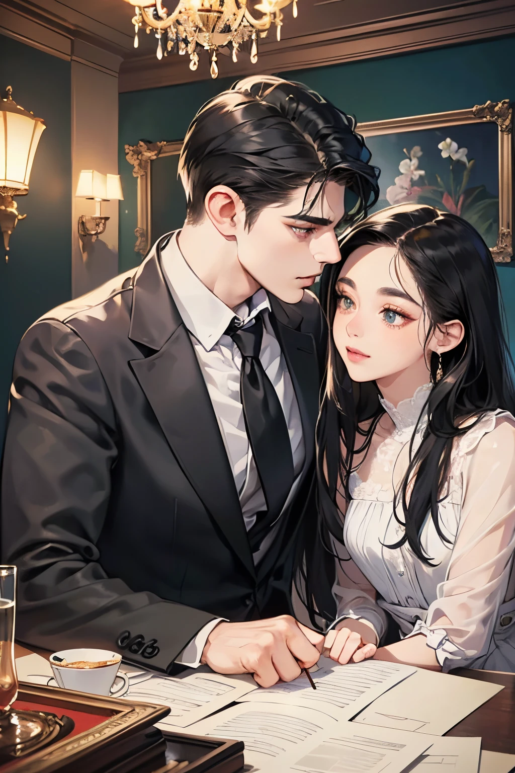 (masutepiece, Digital Art, Digital Illustration, 4K, 8K, Ultra-detailed, beautiful image, Sharp Image, Photorealistic, Raw photo, Perfect face, Perfect lines, Perfect eyes, Soft lighting) 1 woman, (Long Black Hair,straight haired,Bullish gaze,Beautie,Woman in suit,Solid makeup,23 y-o woman,small tits:1.3),Secretary, Two handsome men in suits, (ember,Men in suits,well-muscled,Firm shoulder width,Adult male,Boyish hairstyle,English gentlemanly style,Man in his 30s with a cool expression,28-year-old man with bright smile:1.2),Office scene at night,Antique furnishings,Antique Clamps,Antique chair,chandeliers,Parti、a couple、couple kissing、kiss、the kiss、Romance、