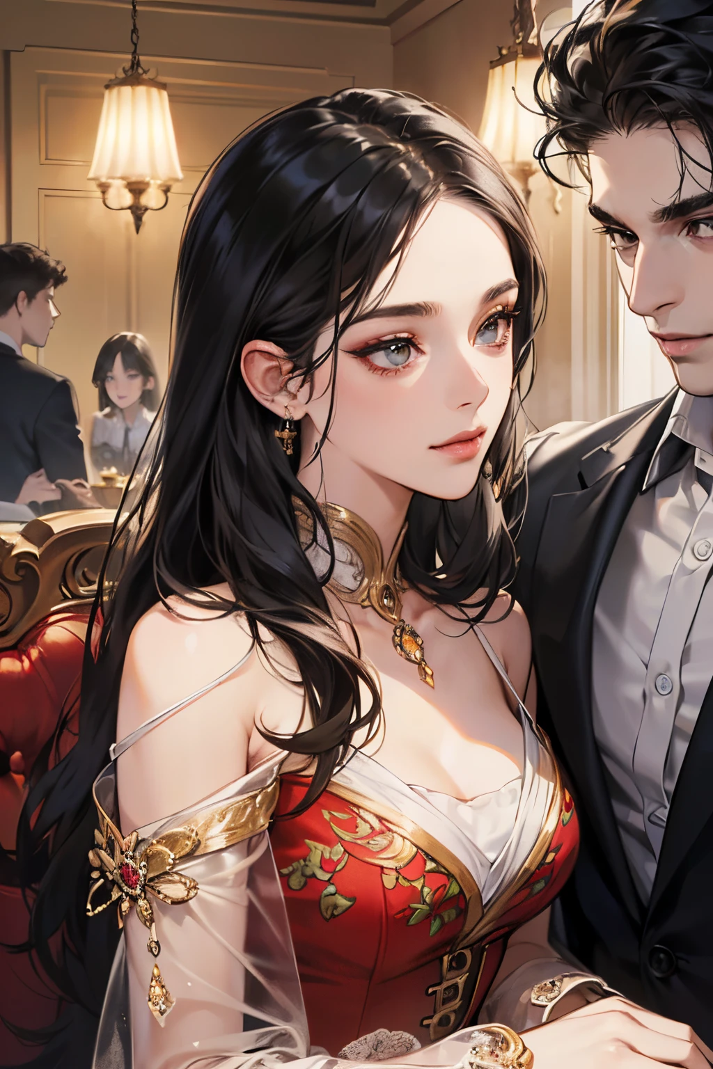 (masutepiece, Digital Art, Digital Illustration, 4K, 8K, Ultra-detailed, beautiful image, Sharp Image, Photorealistic, Raw photo, Perfect face, Perfect lines, Perfect eyes, Soft lighting) 1 woman, (Long Black Hair,straight haired,Bullish gaze,Beautie,Woman in suit,Solid makeup,23 y-o woman,small tits:1.3),Secretary, Two handsome men in suits, (ember,Men in suits,well-muscled,Firm shoulder width,Adult male,Boyish hairstyle,English gentlemanly style,Man in his 30s with a cool expression,28-year-old man with bright smile:1.2),Office scene at night,Antique furnishings,Antique Clamps,Antique chair,chandeliers,Parti、a couple、couple kissing、kiss、the kiss、Romance、