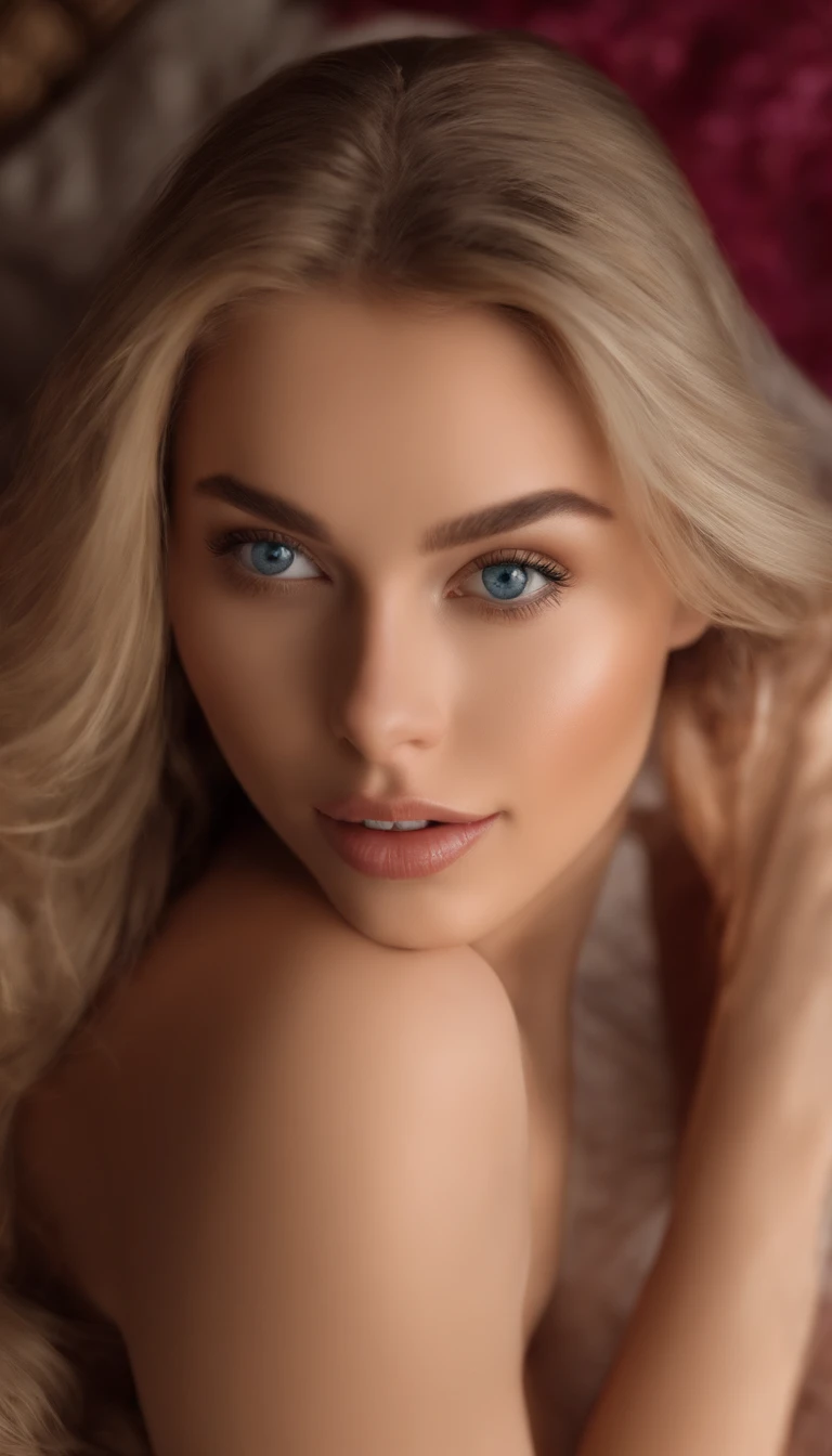 arafed woman fully , sexy girl with blue eyes, ultra realistic, meticulously detailed, portrait sophie mudd, blonde hair and large eyes, selfie of a young woman, bedroom eyes, violet myers, without makeup, natural makeup, looking directly at the camera, face with artgram, subtle makeup, stunning full body shot kneeling on bed, in bedroom, medium to large size bust, woman in bikini