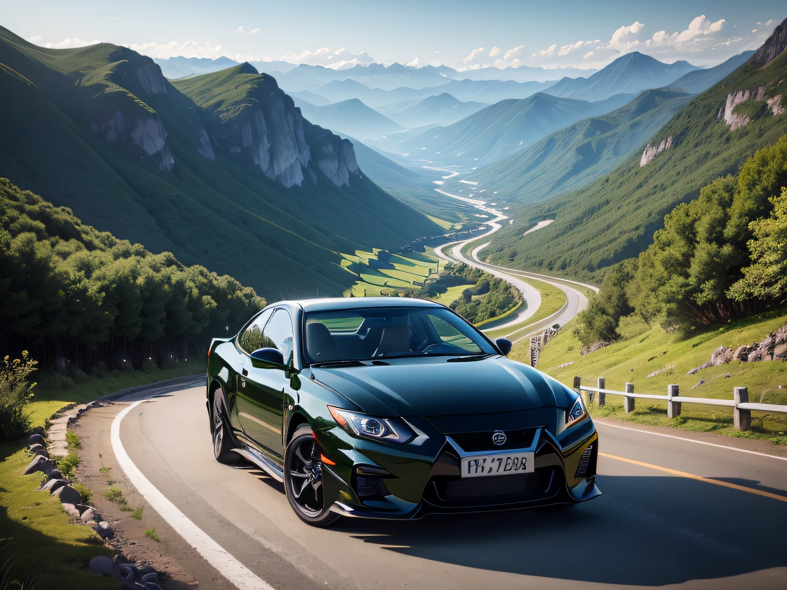 超A high resolution、An ultra-high picture quality、8K、Detailed details、marvelous expression、early summer valley、beautiful fresh green、A pitch black sports car runs on a mountain road built along the mountain......、Nissan Bluebird Sports Coupe 2000GTS-R