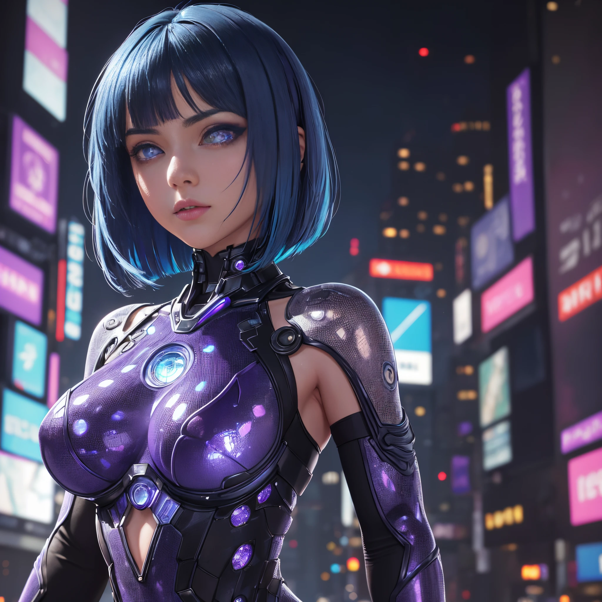 Highly detailed, ultra-detailliert, Best Quality, Highest Quality, Hyper Detailed, Highly detailed background, Photorealistic, masutepiece, (Detailed CGI 32k:1.3), Detailed realistic skin, stunning and gorgeous, (holographic girl), (Against the backdrop of a cyberpunk city:1.2), (Transparent body:1.3), huge gigantic breasts, Show off clothes, Full body, (Dim lighting:1.2), (detailed hairs:1.3), (bob Haircut:1.2), (Blue hair:1.3), (Centered), (Highly detailed:1.4), (Purple eyes:1.3), (Detailed face and eyes:1.4).