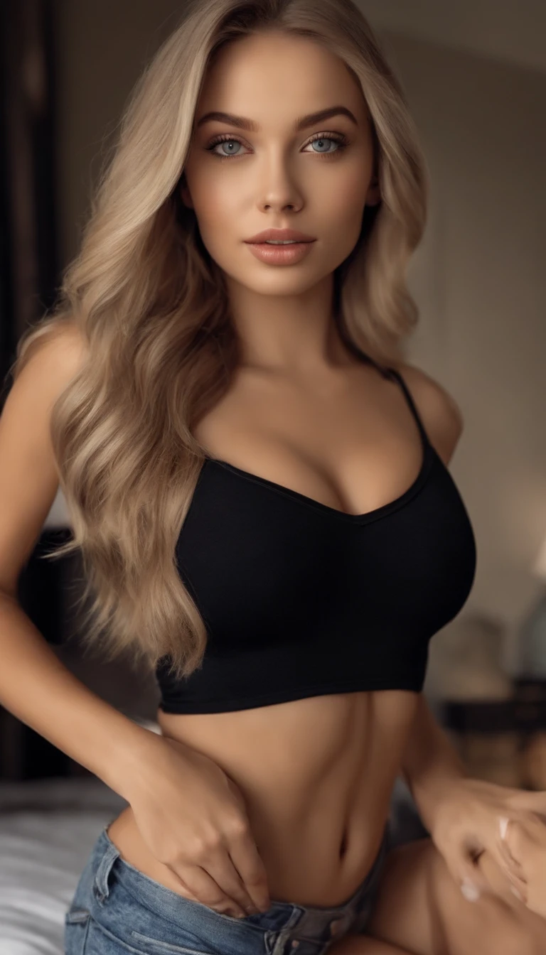 arafed woman fully , sexy girl with blue eyes, ultra realistic, meticulously detailed, portrait sophie mudd, blonde hair and large eyes, selfie of a young woman, bedroom eyes, violet myers, without makeup, natural makeup, looking directly at the camera, face with artgram, subtle makeup, stunning full body shot kneeling on bed, in bedroom, medium to large size bust, woman in bikini