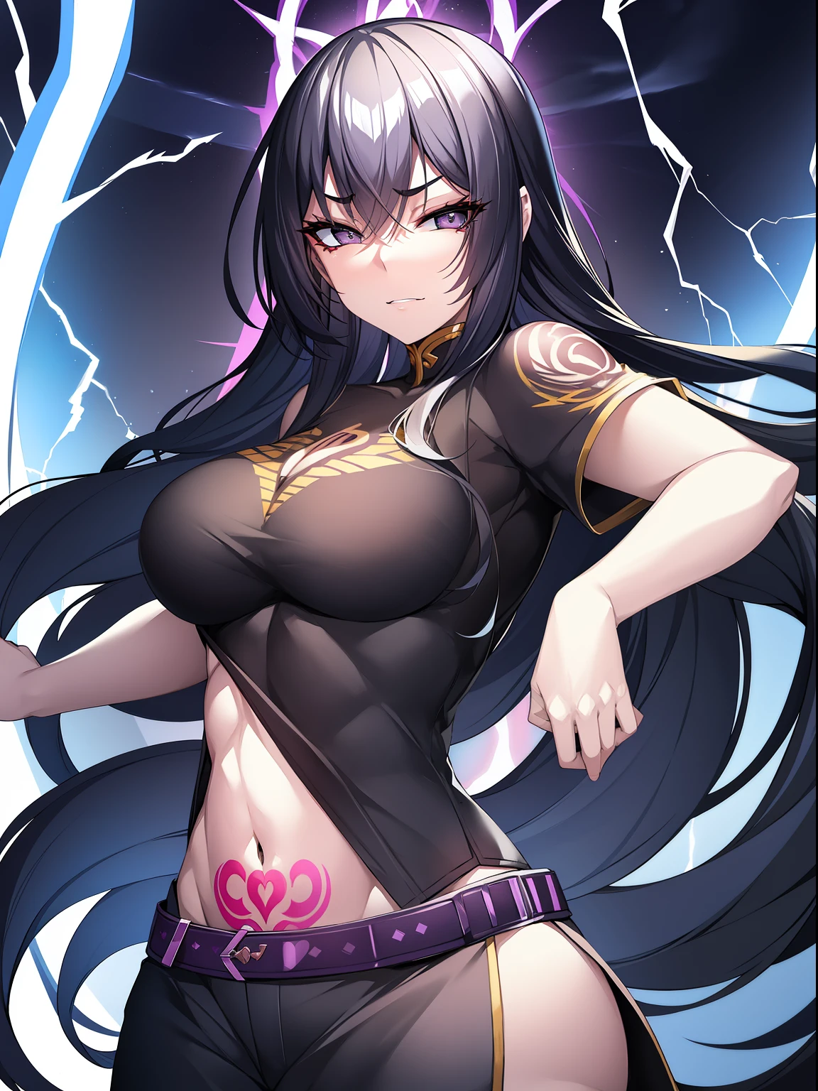 Young Girl, Long Black Hair, Black eyes, Purple Tight Top, Baggy pants, gold patterns, The tattoo, irate, lightning, masutepiece, hiquality, 4K, hard disk, good detail