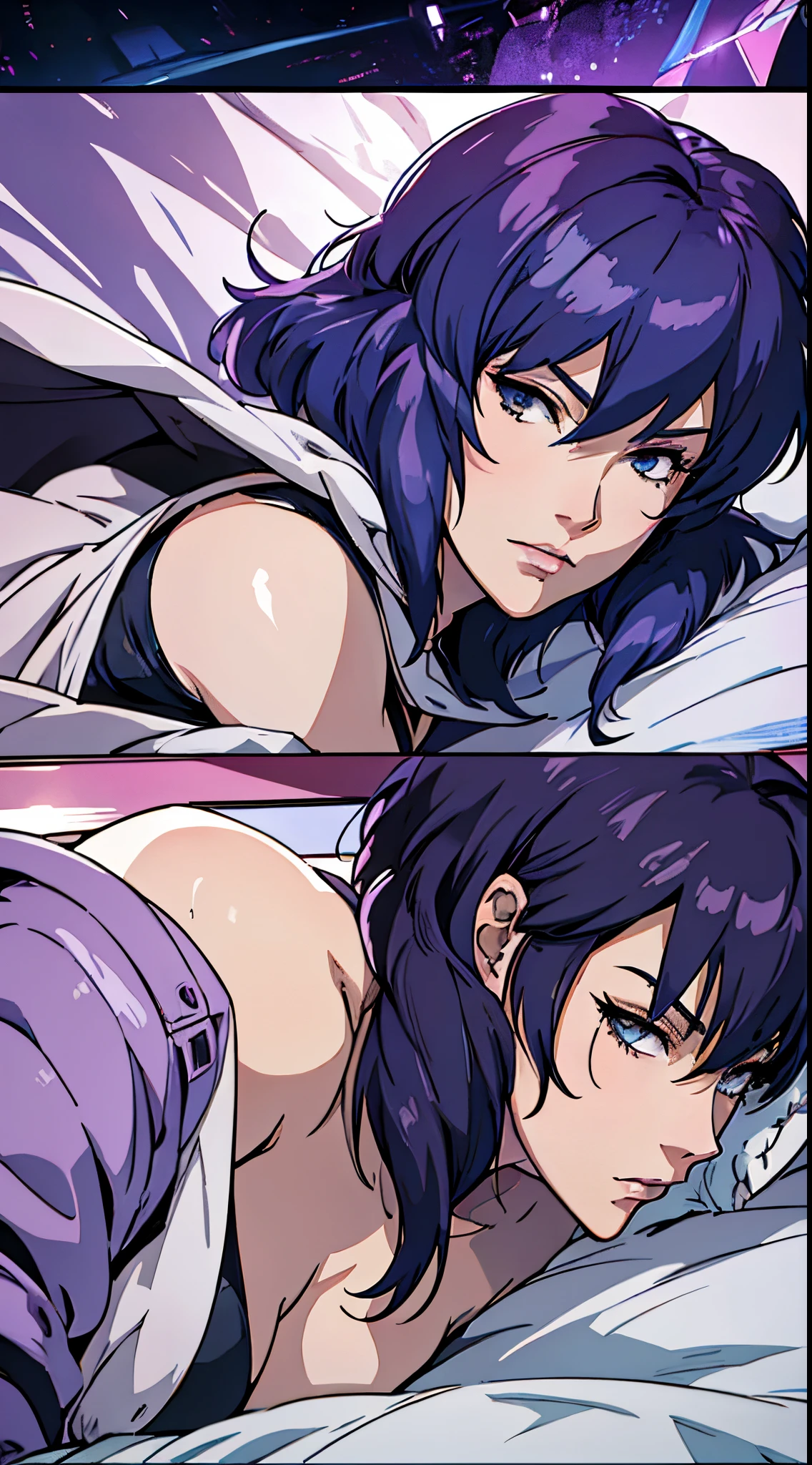 Close-up of Motoko Kusanagi lying on the bed covered with blanket, anime《Fantasma na Concha》Curly, Ghost in the Shell movie scene, levi black lagoon, Ghost in the Shell style, bared chest, Fantasma na Concha, Inspired by Morikage Hisumi