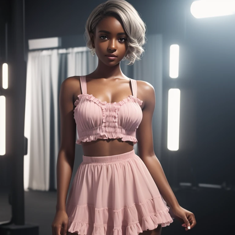 Very charming solo full shot((brown skin young woman))She is beautiful and petite wearing #Summer romantic sweet pink girly irregular ruffled slim suspender skirt two-piece set for women((Realistic skin texture) )((very detailed image))she has a petite figure((Stunning eyes and pointed nose))perfect pubic((short Blonde hair, gray hair))UHD,masterpiece,textures true to reality,((hyper realisitc)),8k,Realistic XT3 pattern Fujifilm((ines c dos santos))standing at((Professional lighting))studio photosy trendy clothing))Internet celebrity 2023 summer adjustable shoulder straps three-dimensional , waist slimming sling trend