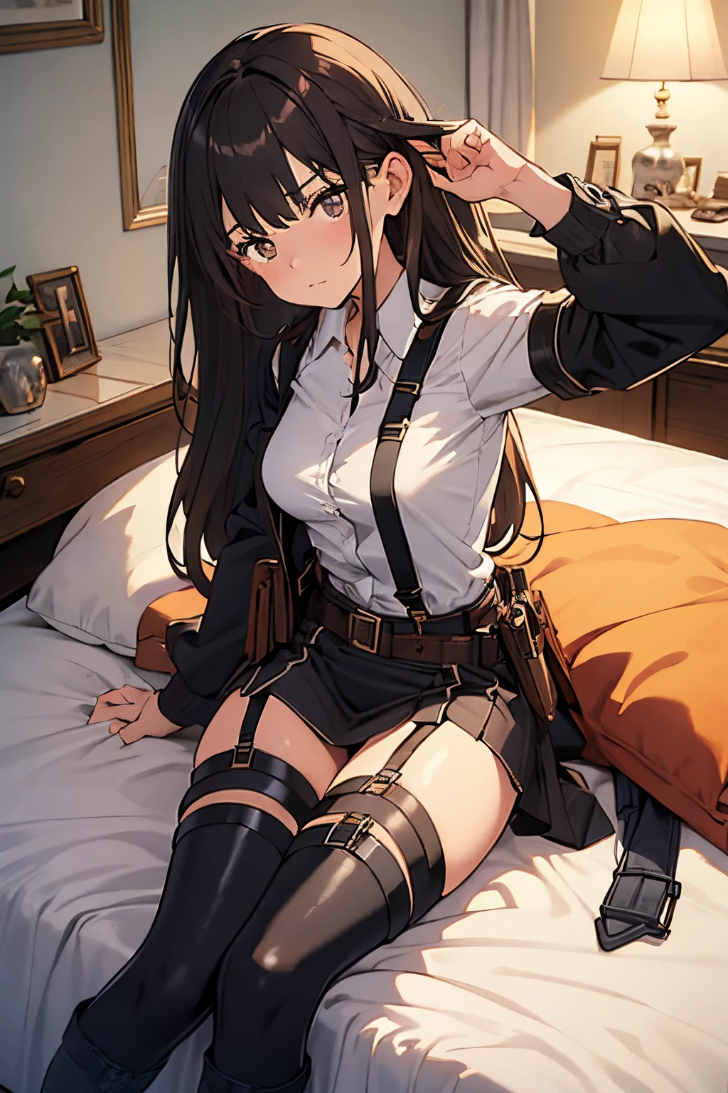 Brown hair、watching at viewers　　　black suspenders　　　Bulging big breasts　　 　 　　　walls: 　Black miniskirt　garters　　　　　　Gaze　　　Small face　bangss 　　　holster　　Belt Armament　Beautuful Women　srestrained　hands up　Lying in bed　Leg holster lying on the bed　　Gaze 　black boots panty shot