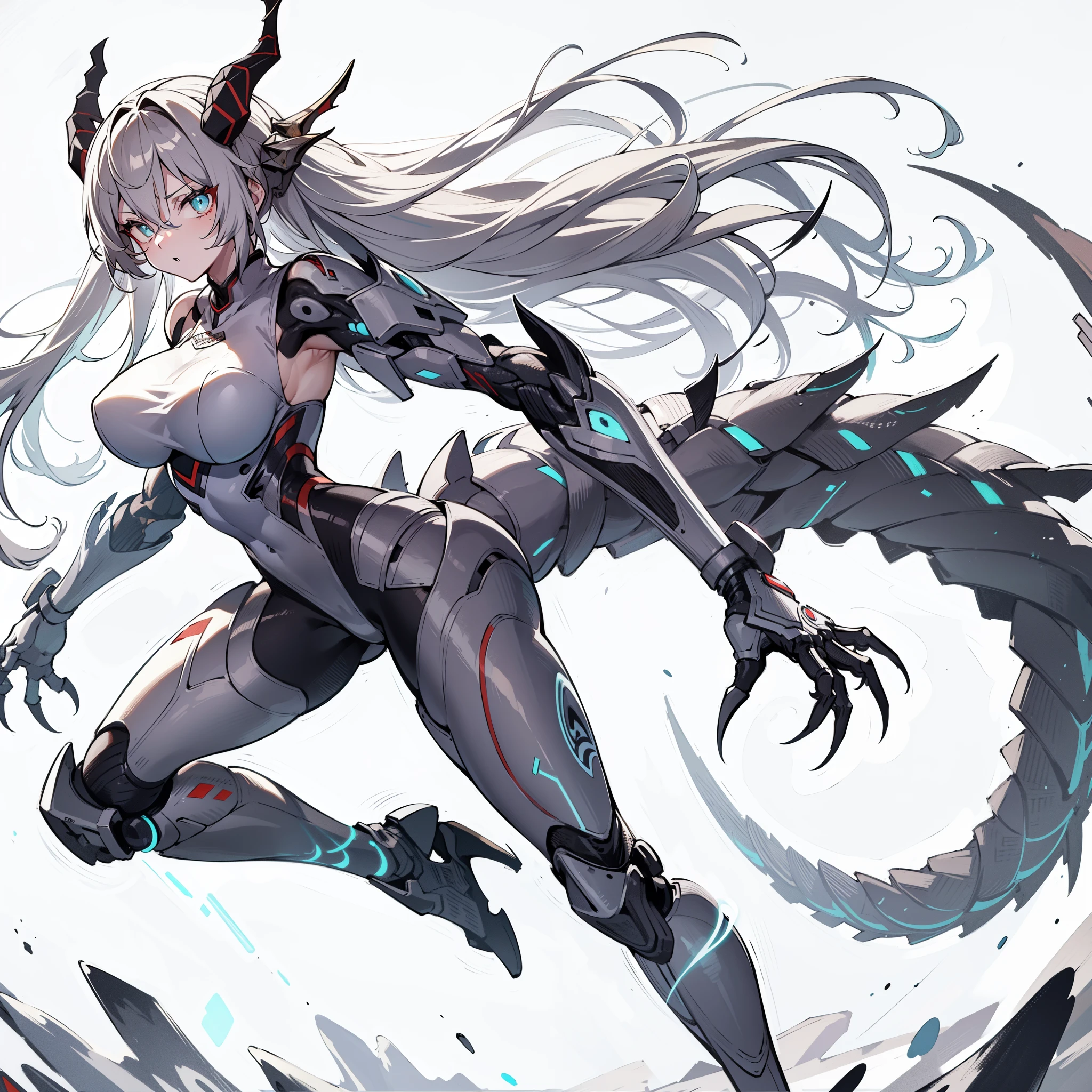 (Masterpiece, Top Quality), (Perfect Athlete Body: 1. 2), (Detailed Hair), Ultra Detail, Anime Style, Full Body, Solo, girl dressed in a robot Japanese dragon costume, Ash Gray Hair and long horn, Sharp claws on large arms, High Leg Leotard, thick and short tail, electric power, (LED luminous implants), digital painting, 8K high resolution, trending art station, white background, whole body, standing in rough terrain,