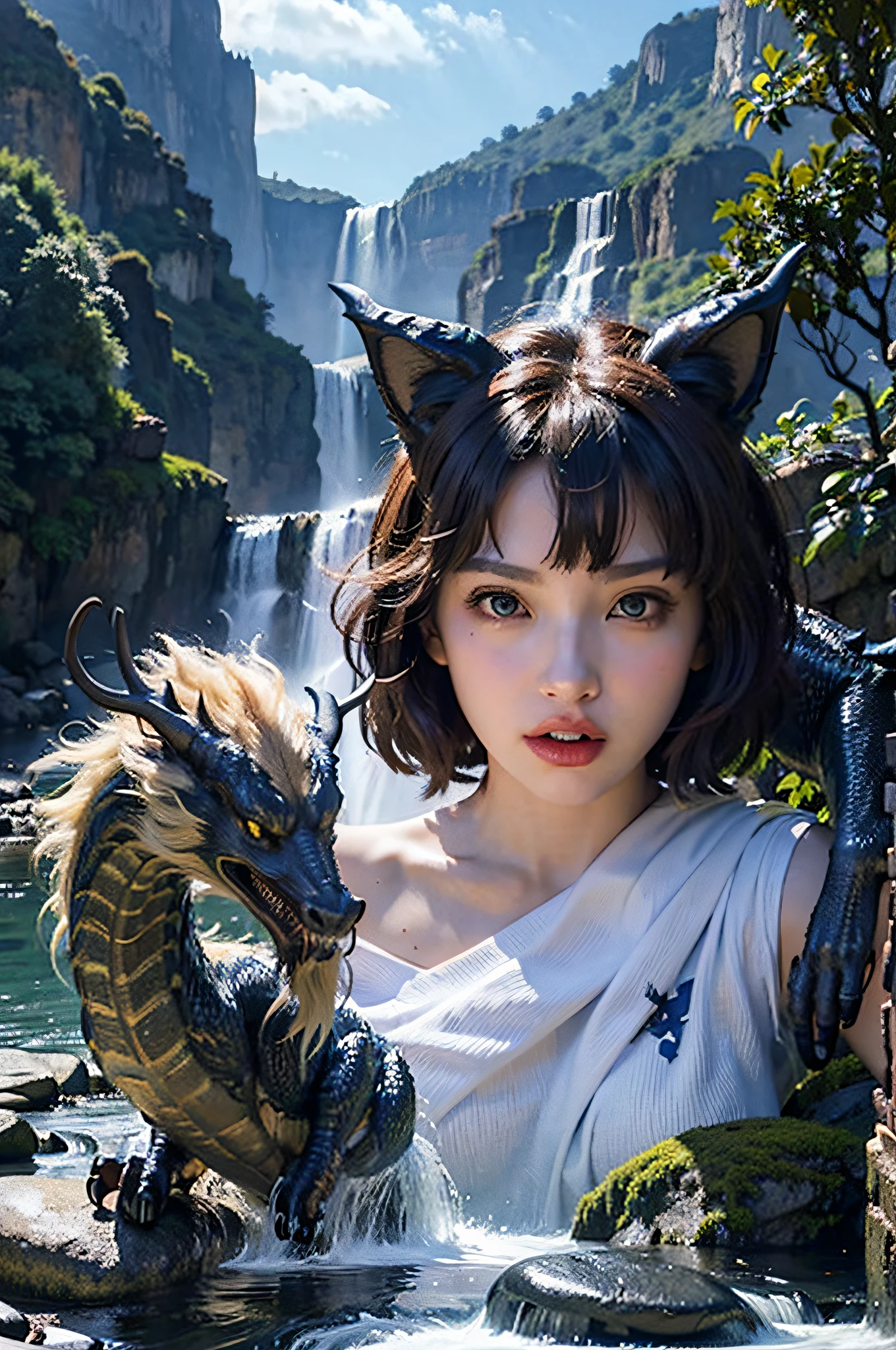 darkness, Laughing full-length girl with fangs and a screeching cat, python dragon, sequins, botanical pattern, wrapped ropes, scarf collar, demonstration wings, ears, oil, bare breasts, medium-sized breasts, complicated ribbon hairstyle, beautiful eyes, attention to detail, daytime shooting, ultra-realistic, beautiful, 4k, high resolution, 30mm lens, f/2.8, ISO 100, bright lighting