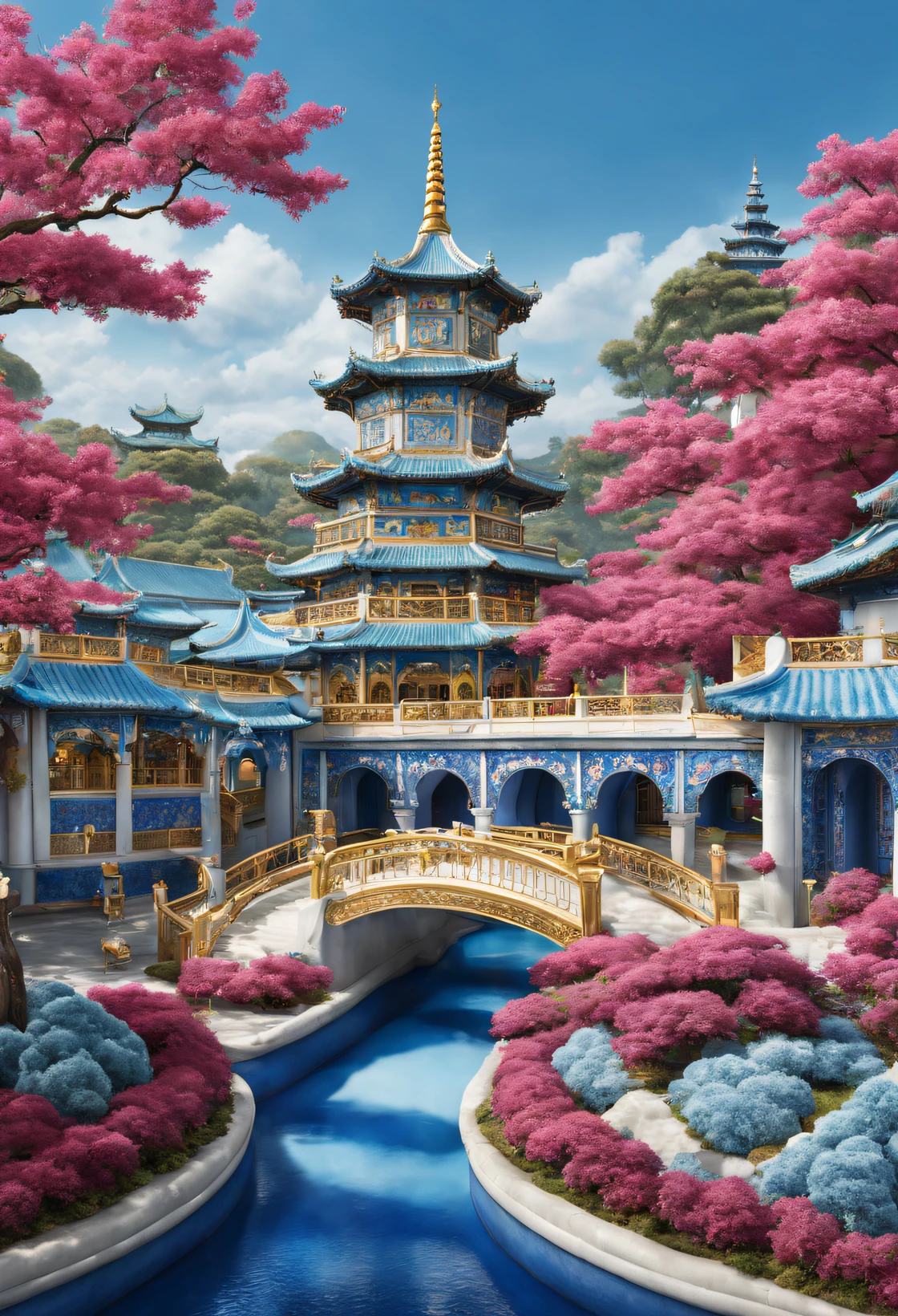 Cloisonné and Blue and White Porcelain Theme Park,( magenta )Carmine+( blue white colors )Blue-cyan+( tin foil gold )golden colored