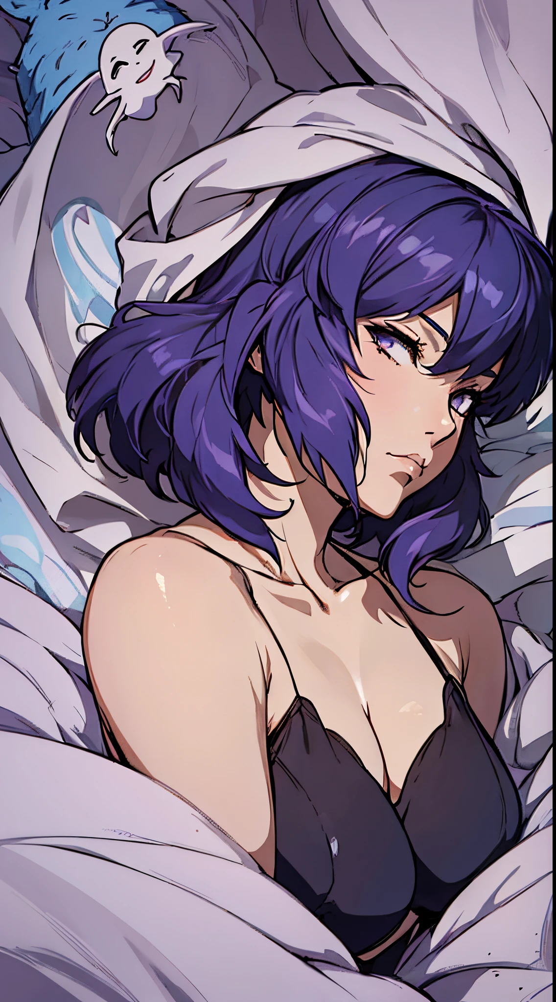 Close-up of Motoko Kusanagi lying on the bed covered with blanket, anime《Fantasma na Concha》Curly, Ghost in the Shell movie scene, levi black lagoon, Ghost in the Shell style, bared  chest, Fantasma na Concha, Inspired by Morikage Hisumi