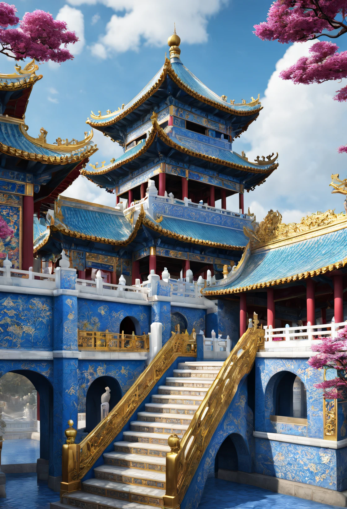 Chinese cloisonne and blue and white porcelain theme park，Complex structure，Chinese bracket art，Asymmetrical balance ，( magenta ）Carmine＋( blue white colors ）Blue-cyan＋( tin foil gold ）golden colored，Ultra-clear texture，glyptic，Ultra-clear screen，Fantasyart，ultra-realistic realism， 3D,c4d