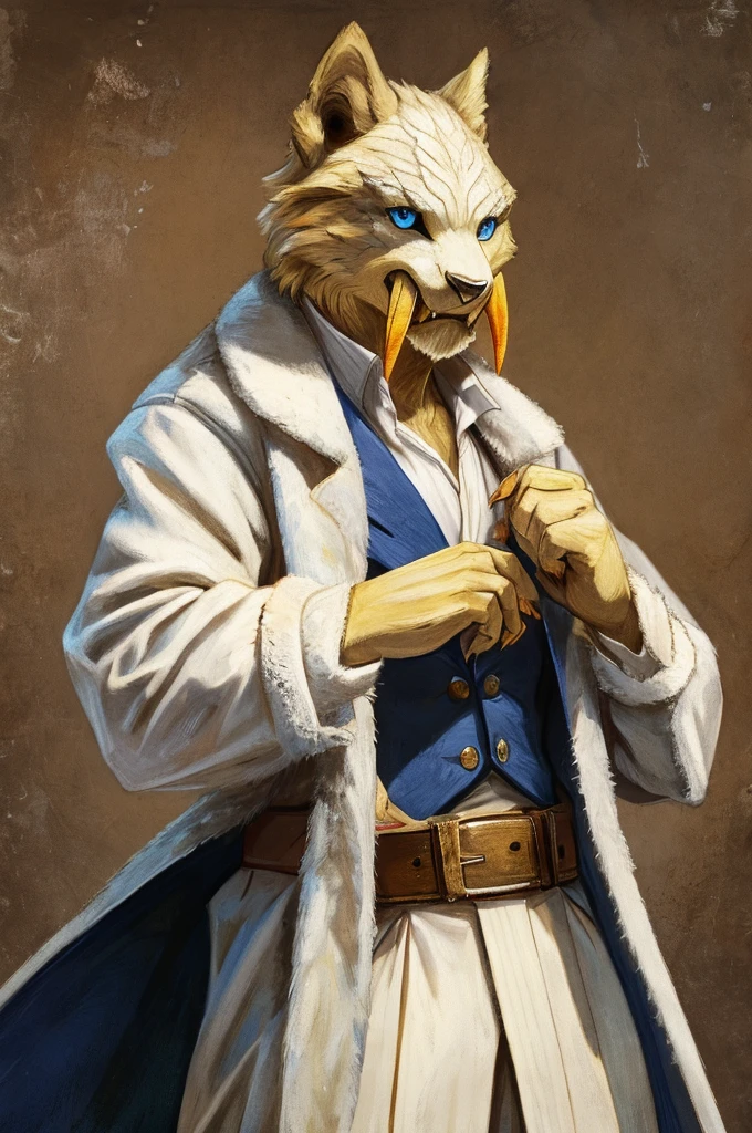 A Barioth as a German official posing for a portrait, white-yellow uniform, clawed hands, 1900s photograph, long coat, fur coat, golden outlining, padded fingers, golden-white belt, long fangs, blue eyes,