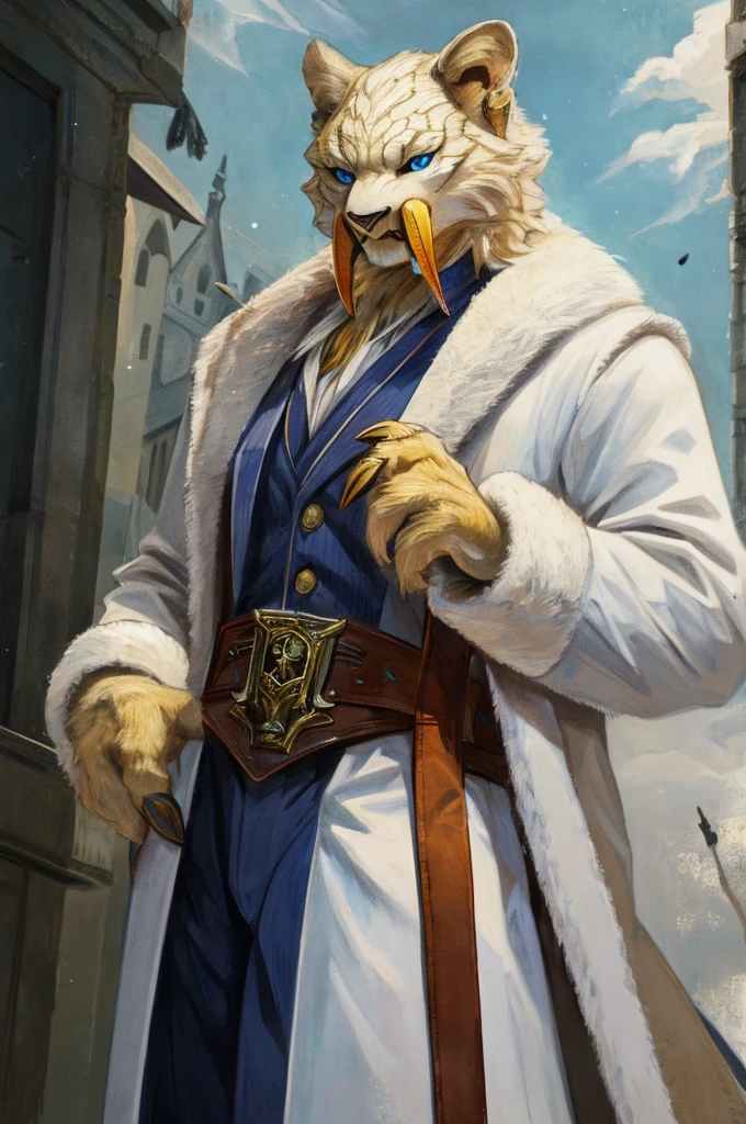 A Barioth as a German official posing for a portrait, white-yellow uniform, clawed hands, 4 fingers, 1900s photograph, long coat, fur coat, golden outlining, padded fingers, golden-white belt, long fangs, blue eyes,