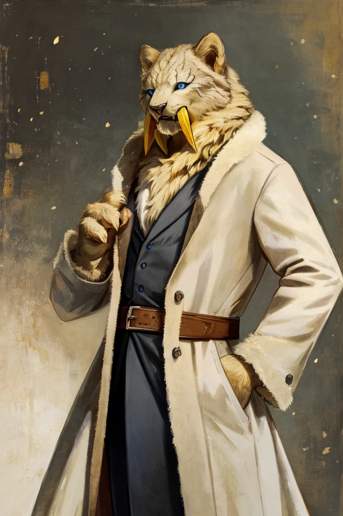 A Barioth as a German official posing for a portrait, white-yellow uniform, clawed hands, 4 fingers, 1900s photograph, long coat, fur coat, golden outlining, padded fingers, golden-white belt, long fangs, blue eyes,