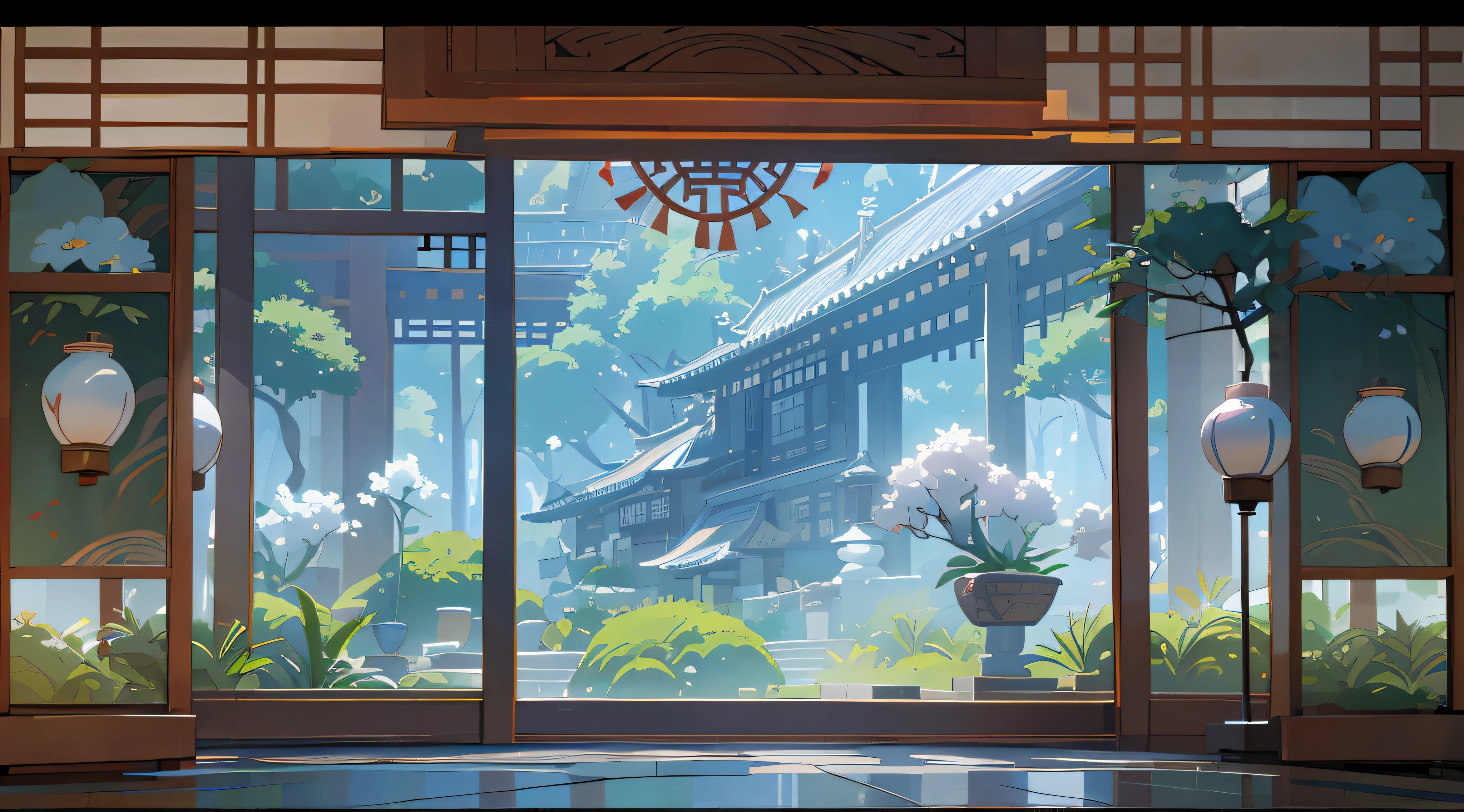 (Antique interior design), Chinese home furnishings, circular porch, depth, symmetrical design, (carved beams and paintings, tables and chairs, bonsai, vases, porcelain, trees, flowers, Chinese lamps, embroidery, screens, beds, cushions), exquisite home, rich details, ancient Chinese Ming Dynasty style, quiet and elegant atmosphere, cold color as the keynote, delicate and soft painting style, movie-level lighting effects, high-definition picture quality, , soft light, Tyndall effect, dreamy, rich details, reference Gu Kaizhi, 32k --niji 5