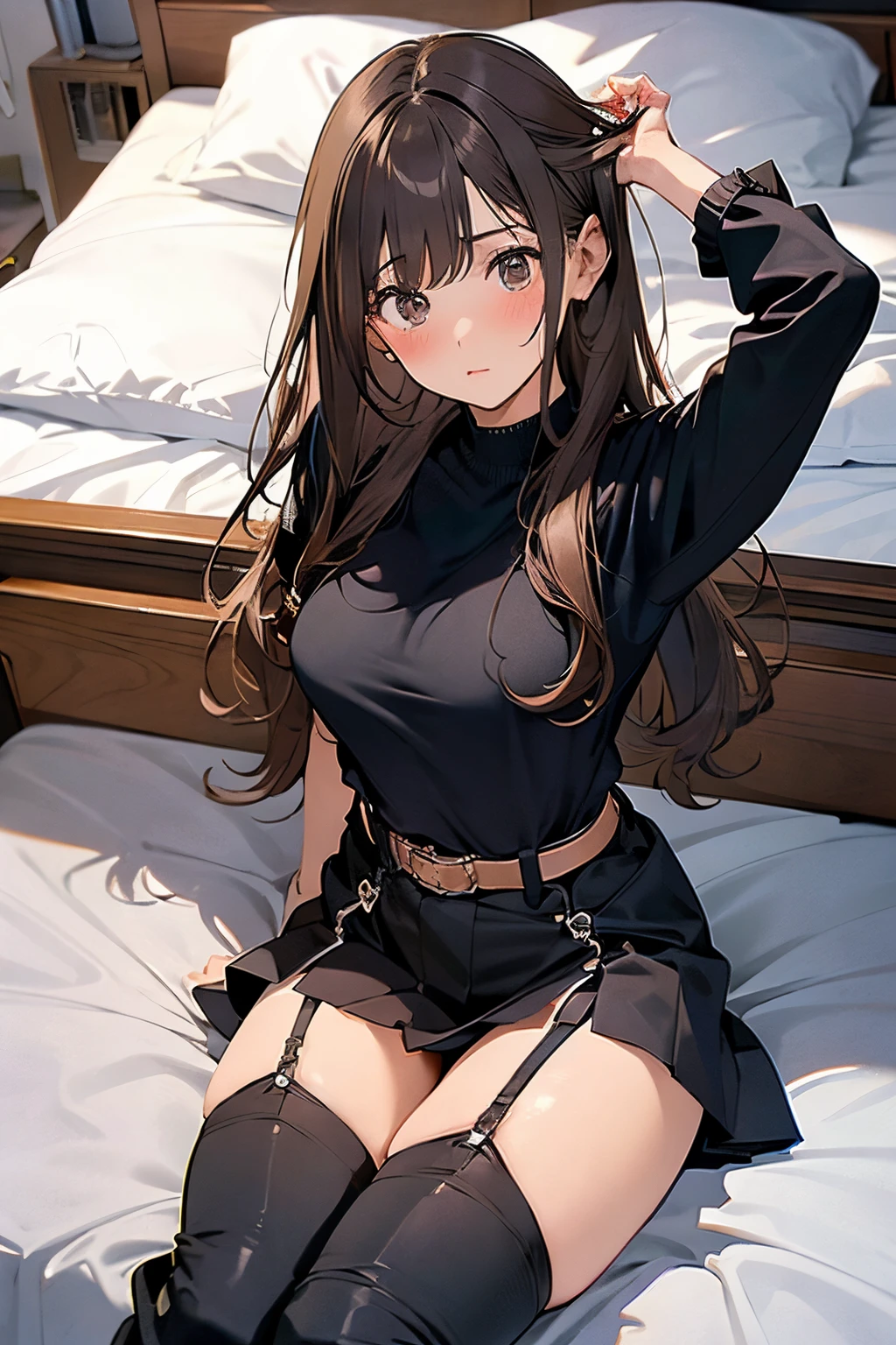 Brown hair、watching at viewers black suspenders Bulging big breasts walls: Black miniskirt garters Gaze Small face bangss holster Belt Armament Beautuful Women srestrained hands up Lying in bed Leg holster lying on the bed Gaze black boots panty shot