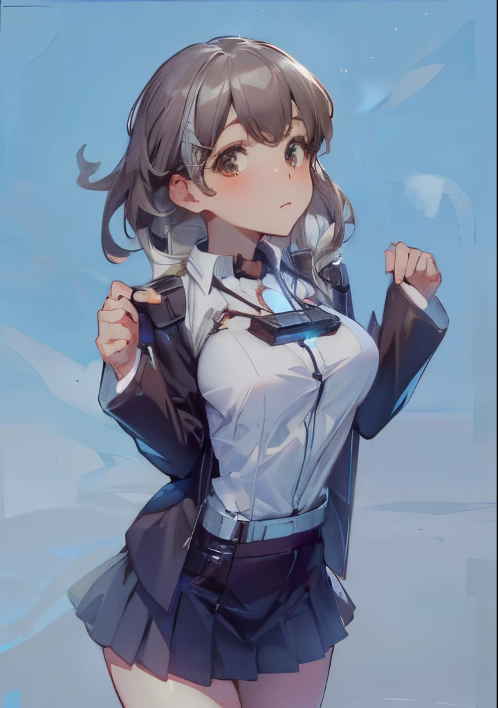 Cute big breasts, k hd, ((There is a smartphone on the chest)), detailed shadow, ((Complicated details)), big round brown eyes,White hair,(long, floated hair)