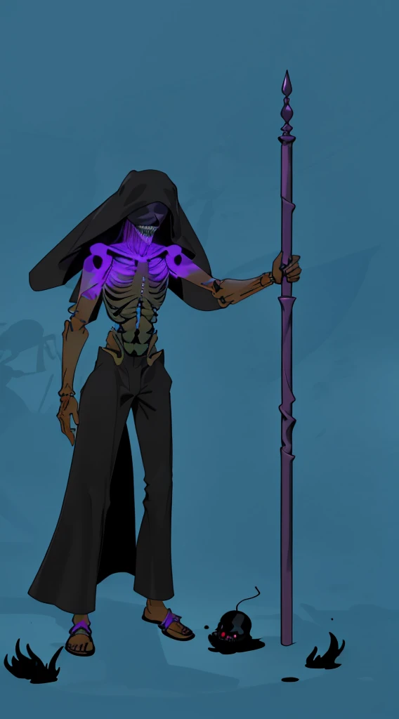 (masterpiece), best quality, detailed very Thin man, black skin, headgear black simagh, black blindfold, detailed skeleton mask, full body, long black pants, half naked, black purple slime, holding spear, monster, cripple, no skeleton body, skeleton teeth