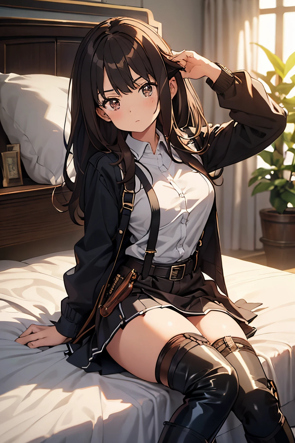 Brown hair、watching at viewers black suspenders Bulging big breasts walls: Black miniskirt garters Gaze Small face bangss holster Belt Armament Beautuful Women srestrained hands up Lying in bed Leg holster lying on the bed Gaze black boots panty shot