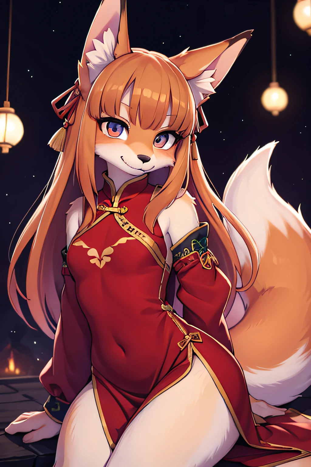 holo is a wolf , furry, fox tail, china dress, thick thighs, female furry mini cute style