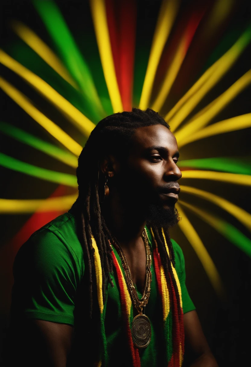 Create a logo with the head of a black man with dreadlocks in black colors, verde, amarelo e vermelho (olhando para a frente) , imagem estilo logomarca , Sober, (fundo preto), Image with resolution of at least 300dpi, UHD 8k, Very high quality for excellent printing. Lighting that highlights the figure in relation to the background, cores do reggae, Estilo da camada de disco