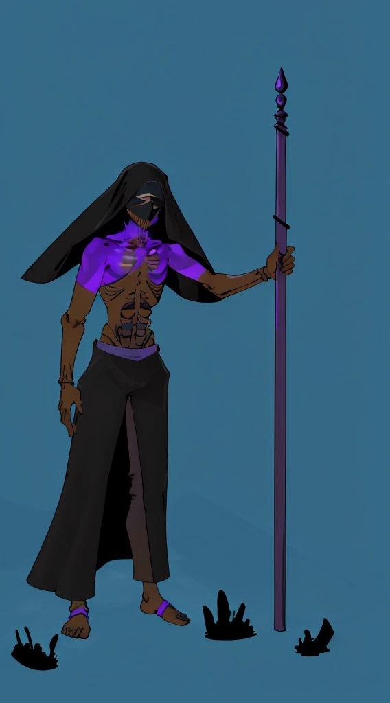 (masterpiece), best quality, detailed very Thin man, black skin, headgear black simagh, black blindfold, detailed skeleton mask, full body, long black pants, half naked, black purple slime, holding spear, monster, cripple, no skeleton body, skeleton teeth, purple half tight suit