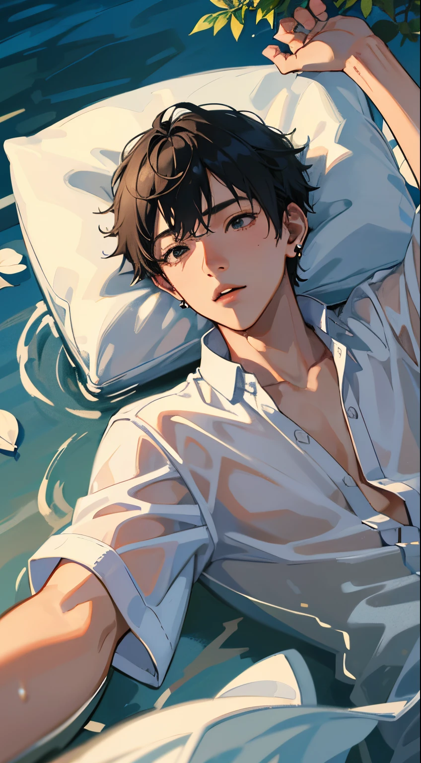 1boy, , teenagYoung man, physically based rendering, Professional lighting, 極端なディテール, white shirt, bouquet, Cross-earrings, Lying on the water, high brightness, refreshing, soft light, ((Single))), (独奏), lying down, Wet, Sheer Shirt