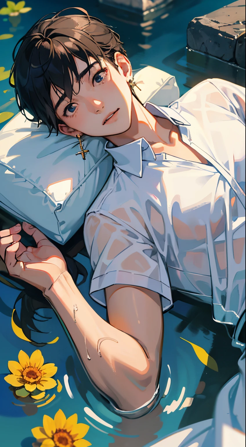 1boy, menino, teenaged, Young man, physically based rendering, Professional lighting, 極端なディテール, white  shirt, bouquet, Cross-earrings, Lying on the water, high brightness, refreshing, soft light, ((Single))), (独奏), lying down, Wet, Sheer Shirt