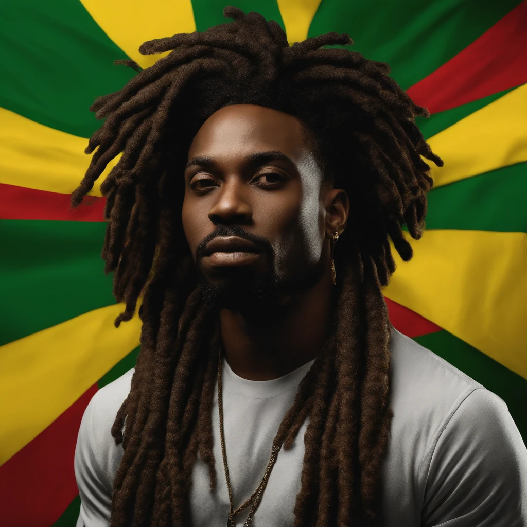 Create a logo with the head of a black man with dreadlocks in black colors, verde, amarelo e vermelho (olhando para a frente) , imagem estilo logomarca , Sober, (fundo preto), Image with resolution of at least 300dpi, UHD 8k, Very high quality for excellent printing. Lighting that highlights the figure in relation to the background, cores do reggae,