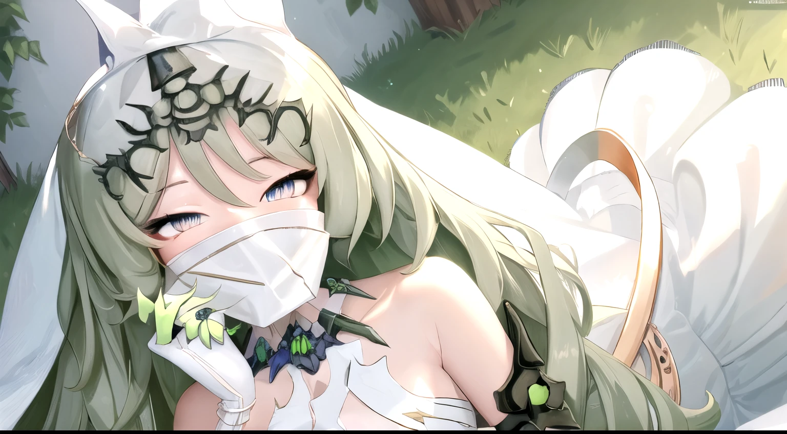 high detail, symmetrical, masterpiece, best quality, mobius (honkai impact), honkai (series), honkai impact 3rd, 1girl, solo, green hair, long hair, looking at viewer, small breasts, same eye colour, wedding dress, outdoors, bridal veil, long dress, white dress, hoop skirt, clover