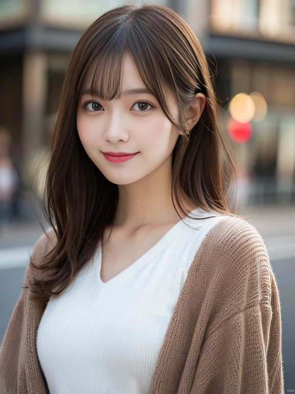 masutepiece, Best Quality, Illustration, Ultra-detailed, finely detail, hight resolution, 8K Wallpaper, Perfect dynamic composition, Beautiful detailed eyes, Medium Hair,Natural Color Lip, Smile,Harajuku、20 years girl、Cute、is looking at the camera、Brown hair、caste-like face、Exposed nipples