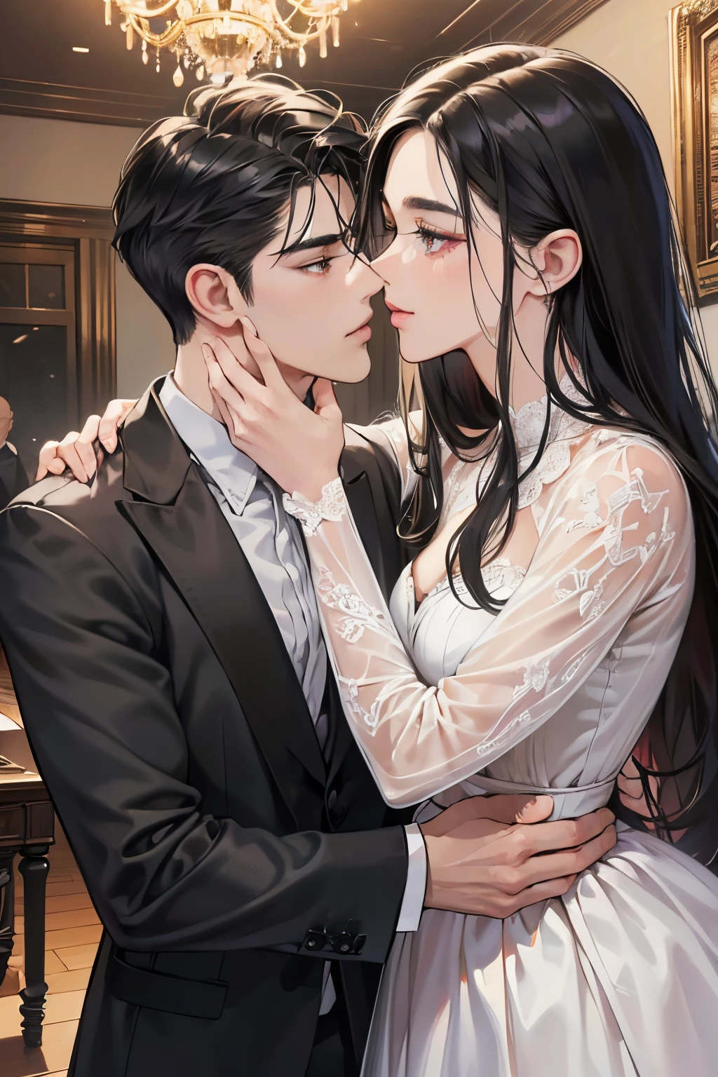 (masutepiece, Digital Art, Digital Illustration, 4K, 8K, Ultra-detailed, beautiful image, Sharp Image, Photorealistic, Raw photo, Perfect face, Perfect lines, Perfect eyes, Soft lighting) 1 woman, (Long Black Hair,straight haired,Bullish gaze,Beautie,Woman in suit,Solid makeup,23 y-o woman,small tits:1.3),Secretary, Two handsome men in suits, (ember,Men in suits,well-muscled,Firm shoulder width,Adult male,Boyish hairstyle,English gentlemanly style,Man in his 30s with a cool expression,28-year-old man with bright smile:1.2),Office scene at night,Antique furnishings,Antique Clamps,Antique chair,chandeliers,Parti、a couple、couple kissing、kiss、the kiss、Romance、