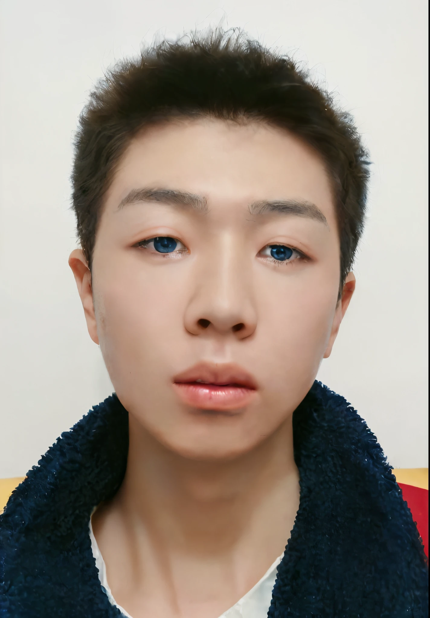 tmasterpiece, high qulity, Best quality at best, The beautiful, k hd, actual, perfect litthing, 详细的脸, Detailed body, 1 persons, brunette color hair, eBlue eyes, Masculinity, Suit school uniform, (Dull expression: 1.5) (The face is natural: 1.5),