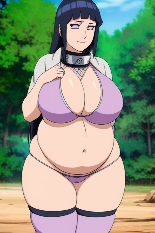 Hinata Hyuuga - Naruto shippuden, 1girl, (((bimbo))), long black hair, violet eyes, (((bimbo))), thin lips, painted lips, shy smile face, pregnant belly, big belly, wide hips, thick thighs, huge round ass, enormous natural breasts, shiny oily breasts, string bikini, island, nsfw